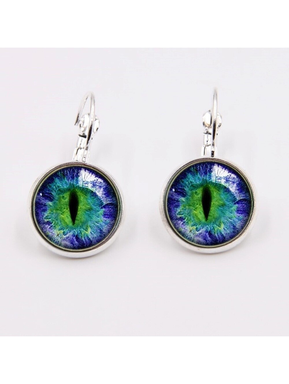 Dragon Eye Blue Green Glass Cabochon Silver Plated Handmade Leverback Earrings